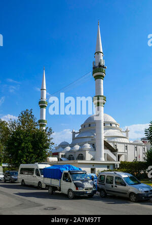 Moschee mit Minaretten, Antalya, Side, Türkei Urlaub, Türkei, Türkische Riviera, Mittelmeer, Stockfoto