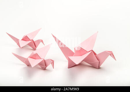 Origami Vögel Familie auf weißem Hintergrund. Japanische gefaltetes Papier Swan Stockfoto
