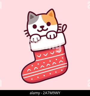 Cute cartoon Cat in Weihnachtsstrumpf. Frohe Weihnachten Grußkarten mit kawaii Kätzchen Zeichnung in eine Rote Socke. Vector clip art Illustration. Stock Vektor