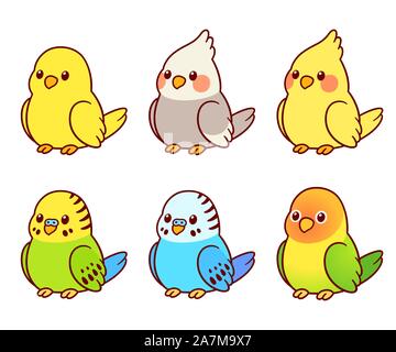 Cute cartoon Pet Vögel Abbildung. Nymphensittich, Wellensittich, Kanarienvogel, lovebird. Kleine Papageien isoliert Vector clip art. Stock Vektor