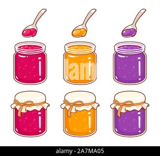 Hand Cartoon Stil Konfitüre-gläser aufgestellt. Himbeere, Aprikose und Grape Jelly, traditionelle hausgemachte Konfitüren. Isolierte vector clip art Illustration Stock Vektor