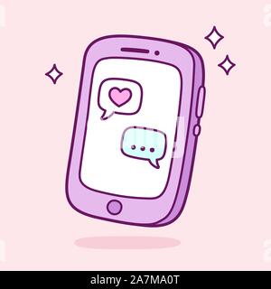 Smartphone mit SMS Chat, sprechblasen von Paar in Liebe Simsen. Cute Cartoon Illustration der Liebe Beichte. Stock Vektor