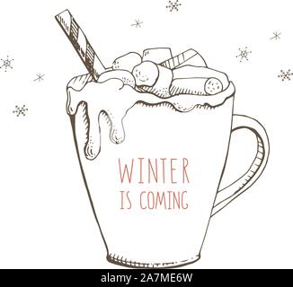 Hand gezeichnet vector Abbildung auf einem weißen Hintergrund. Weihnachten Cocktail mit Marshmallows in eine Tasse. Helle und moderne Kalligraphie in roter Farbe. W Stock Vektor