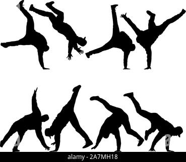 Schwarz Silhouetten Breakdancer auf einem weißen Hintergrund. Stock Vektor