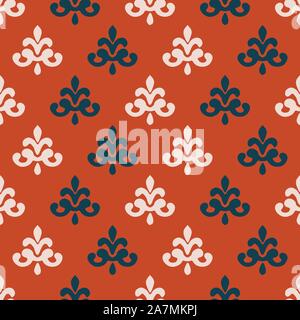 Weiß, Blau fleur de lis nahtlose Muster auf orangem Hintergrund. Perfekt für Stoff, Hintergrund, Vorhänge und Hintergründe. Stock Vektor