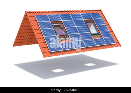 Solarmodul auf keramischen Fliesen Dach mit Windows isoliert auf Weiss. 3D-Darstellung Stockfoto