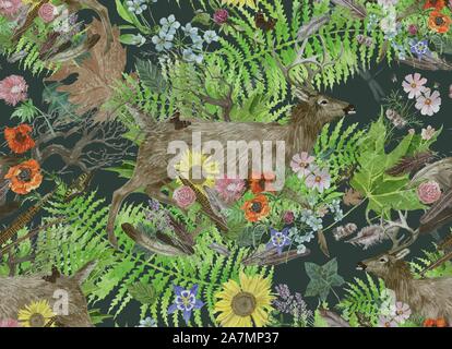 Nahtlose aquarell Muster mit Rehen, Blumen, Federn, verlässt. Stockfoto