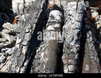 Schöne rote Flamme von Schicht Holz, dunkel grau schwarz Kohlen in Metall brazier. Holz Brennen in der brazier auf hellen gelben Flamme. Flammen Feuer Vorbereitung Stockfoto
