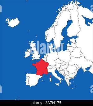 Europa kontinent Karte markiert Frankreich mit blauer Farbe Vector Illustration. Blue sea Hintergrund. Stock Vektor
