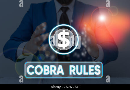 Wort schreiben Text Cobra Regeln. Business Foto präsentiert die Gruppe Krankenversicherung nach einem Job Verlust Stockfoto