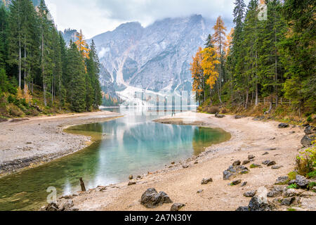 Nebliger Herbst morgen am See Prags, Provinz Bozen, Trentino Alto Adige, Italien. Stockfoto