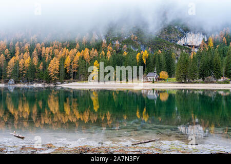 Nebliger Herbst morgen am See Prags, Provinz Bozen, Trentino Alto Adige, Italien. Stockfoto