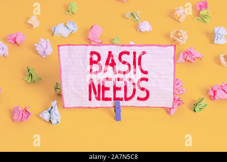 Konzeptionelle Handschrift, die grundlegenden Bedürfnisse. Begriff Sinne etwas, dass Sie haben müssen, um aufrecht zu erhalten das Leben farbiger zerknittertes Papier empt Leben oder Stockfoto