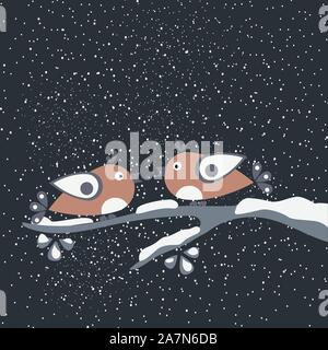 Zwei Vögel sitzen auf einem Ast. Hallo Winter Karte mit cartoon Vögel auf einem Ast mit Schnee bedeckt. Winter Hintergrund. Grußkarte für Winter hinterg Stock Vektor