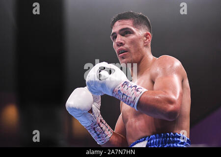 Oxon Hill, Maryland, USA. 3. November, 2019. BRIAN CASTANO aus Argentinien in Aktion während des Super Welterweight bout bei MGM National Harbor in Oxon Hill, Maryland statt. Credit: Amy Sanderson/ZUMA Draht/Alamy leben Nachrichten Stockfoto