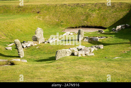 Der Grundriss eines neolithischen oder steinzeitlichen Gebäudes in der Jarlshof Siedlung auf der Festlandinsel der Shetland Inseln, Schottland Stockfoto