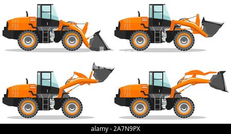 Radlader mit verschiedenen Boom Position. Detaillierte Darstellung von schweren Bergbau Maschinen und Baumaschinen. Vector Illustration. Stock Vektor