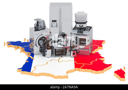 Küche und Haushalt Gerät auf die Karte von Frankreich. Produktions-, Einkaufs- und Lieferbedingungen Konzept. 3D-Rendering auf weißem Hintergrund Stockfoto