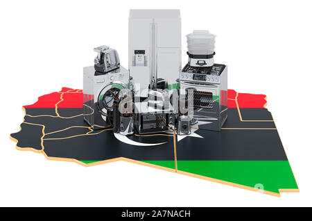 Küche und Hausgeräte auf der Karte von Libyen. Produktions-, Einkaufs- und Lieferbedingungen Konzept. 3D-Rendering auf weißem Hintergrund Stockfoto