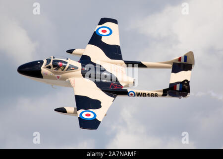 Die DH-115 Vampire. Vampy "Zu", während Sie an der Airshow 2019 London in London, Ontario, Kanada. Stockfoto