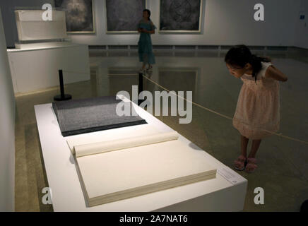 Besucher genießen von Kunst zu den herrlichen Sprachen von Papier, eine Ausstellung über Chinesische einzigartige Papier Kultur an der Zhejiang Art Museum im Hang angezeigt Stockfoto