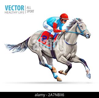 Jockey auf Racing Pferd. Sport. Champion. Das hippodrom. Rennstrecke. Pferdesport. Derby. Geschwindigkeit. Auf weissem Hintergrund. Vector Illustration Stock Vektor