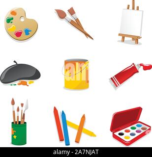 Fine Arts-Icon-Set. Mit Farbpalette, Rednerpult, Zeitformen Leinwand, Keilrahmen, Pinsel, Keilrahmen, Farbe, Acrylfarbe, Pinsel, Buntstifte, Aquarell Stock Vektor