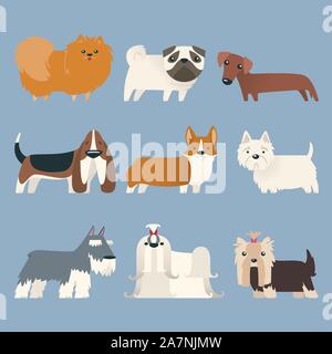 Welpen reine Rasse Ausstellung Hund Pet Kennel Welpe Whelp Maskottchen, mit neun Hunden verschiedener Rassen stehend betrachten Kamera-Vektor-Illustration-Cartoon Stock Vektor