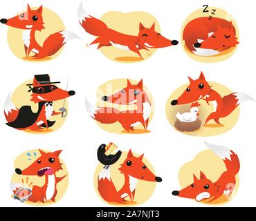 Niedlichen Fuchs cartoon Untätigkeit Set mit Fuchs in neun verschiedenen Situationen wie: posieren, laufen, schlafen, Detektiv Fuchs, Blick nach hinten, mit Huhn, Stock Vektor