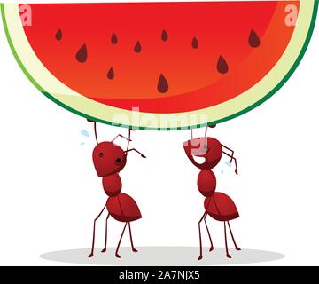 Zwei Ameisen tragen eine grüne und rote Wassermelone mit Samen, Vektor-Illustration. Stock Vektor