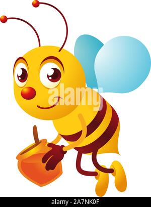 Cartoon-Biene trägt ein Glas Honig, gerne fliegen Vektor-Illustration. Stock Vektor