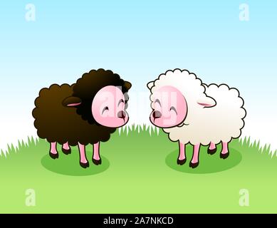 Braun Lam und weisse Schafe glücklich starrte auf jedes andere Vector Illustration. Ewe, Ram, Tup, Hammel, Hammel, Umkehrosmose, schwarze Schafe. Stock Vektor