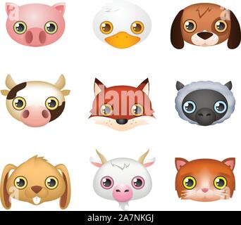 Niedlichen Bauernhof Tier Gesichter wie: Fox, Hund, Ente, Kuh, Kaninchen, Ziege, Schaf, Schwein und Lamm Vektor-Illustration. Stock Vektor