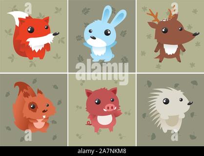 Forrest-Baby-Tiere-Set beinhaltet: Eichhörnchen, Igel, Fuchs, Hase, Reh und Wildschwein. Kann als Computer-Icons verwendet werden. Vektor-Illustration. Stock Vektor