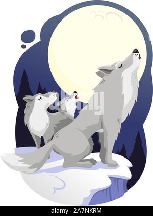 Wölfe heulen zu Vollmond Vektor-Cartoon illustration Stock Vektor