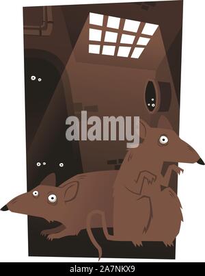 Ratten Nager Käse Falle stellen Vektor Illustration Karikatur, mit Ratten in einem Tunnel auf der Suche nach Nahrung. Stock Vektor