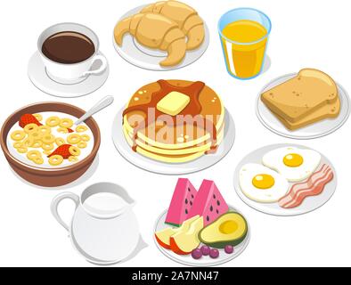 Frühstück, mit Kaffee, Croissant, ein Haufen von Pfannkuchen, Müsli Milch Schüssel, Mil-Flasche, Eier, Speck, Obst, Wassermelone, Pfirsich, Avocado, Traubenmost, Stock Vektor