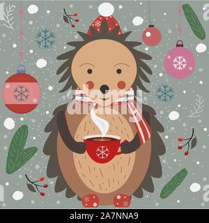 Frohe Weihnachten Igel mit einer Tasse Kaffee. Vector Illustration Stock Vektor