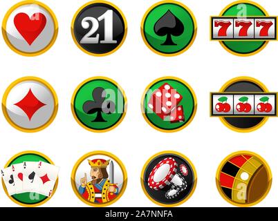 Gambling Icon Set, mit pocker Karten, Anzüge, Casino Chips und Würfel Würfel vectoy Illustration Cartoon. Stock Vektor