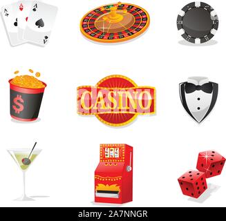 Casino Design Elemente, mit Karten, Roulette, Poker Chips, Münzen, Casino, Anzug, Trinken, Slot Machine und Würfel. Stock Vektor