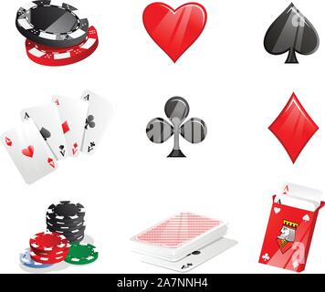 Poker Icons Anzüge Herzen Club Diamond Spaten Chips Karten Poker, Vector Illustration Cartoon. Stock Vektor