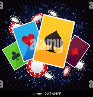 Bube, Dame, König und Ass poker Anzüge mit leuchtenden blauen Linien und poker Münzen Vector Illustration. Stock Vektor