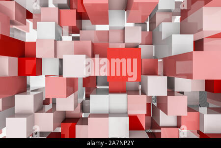 Rot fliegenden Würfel und Kartons, vor weißem Hintergrund abstract 3 render Abbildung Stockfoto