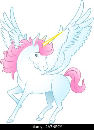 Einhorn-Pegasus mit geöffneten Flügeln und gelben Horn, rosa Haaren und tail Vektor-Illustration. Stock Vektor