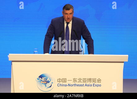 Leonid Eduardowitsch Sluzki, ein Mitglied der Staatsduma Russlands, nimmt an der Eröffnung der 12. China-Northeast Asia Expo beginnt in Changch Stockfoto