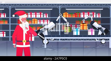 Santa claus controlling Industrieroboter laden Geschenk Geschenk Boxen auf Transportband frohe Weihnachten Frohes neues Jahr feier Konzept moderne Lagerhalle innere horizontale Vektor illustration Stock Vektor