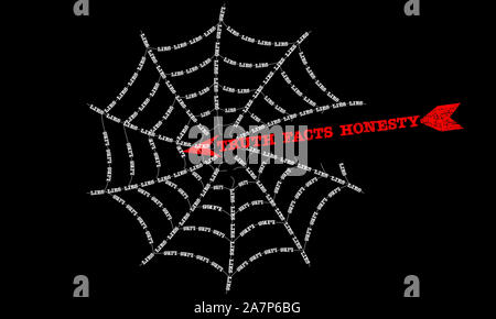 Ein Netz von Lügen durch Wahrheit, Fakten und Ehrlichkeit gebrochen, Konzeption Illustration Stockfoto
