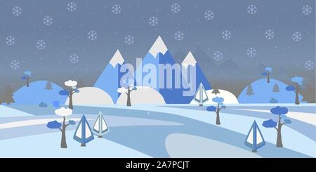 Winter verschneite Landschaft mit Hügeln, Bäumen und Bergen. Suburban Gebäude im Winter Landschaft. Flache Vector Illustration. Moderne Ländliche Gegend Stock Vektor