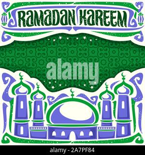 Vektor Plakat für muslimische wünschen Ramadan Kareem mit Kopie Raum, weißer Schlagzeile mit alten Laternen, kalligraphische Bürste font für Wörter Ramadan Kareem, mosq Stock Vektor