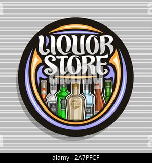 Vektor logo für Getränkeladen, Schwarzer runder Schild für die Abteilung im SB-Warenhaus mit 7 verschiedenen cartoon Flaschen harter Alkohol und Spirituosen, Stock Vektor
